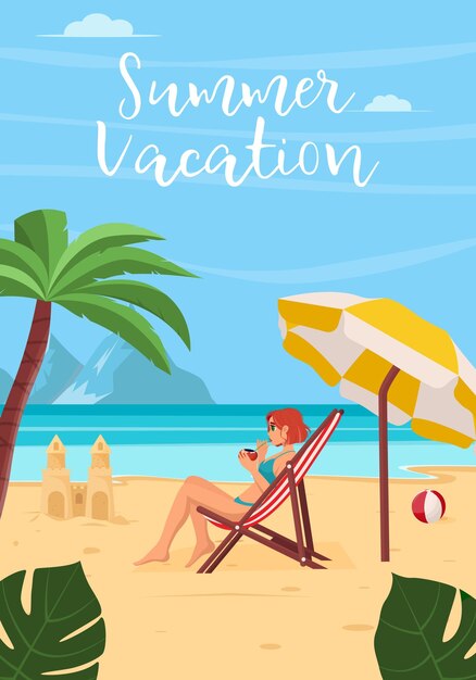 Concepto de vacaciones de verano Hermoso paisaje de playa de verano Una niña descansa en una tumbona