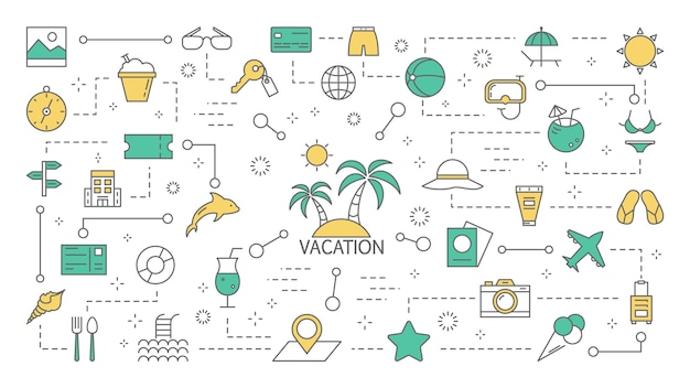 Vector concepto de vacaciones de verano. viaje de vacaciones a la playa soleada. idea de turismo y viaje. conjunto de iconos de líneas de colores. ilustración