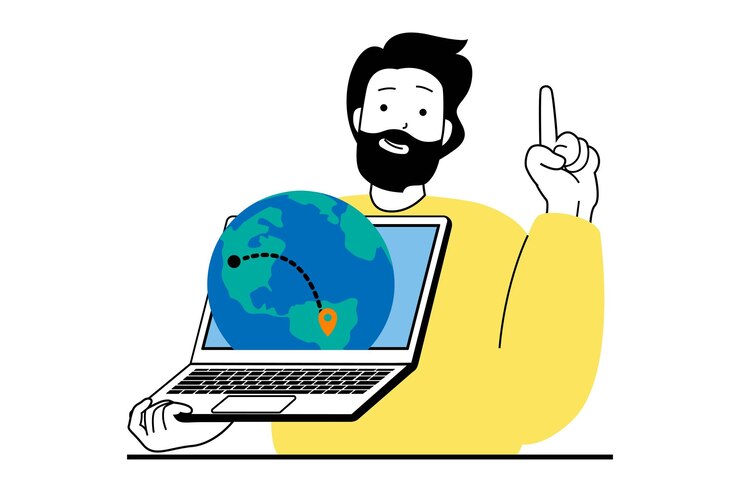 Vector concepto de vacaciones de viaje con escena de personas en diseño web plano hombre planificando ruta de viaje con vuelos entre ubicaciones en el mapa global ilustración vectorial para material de marketing de banners en redes sociales