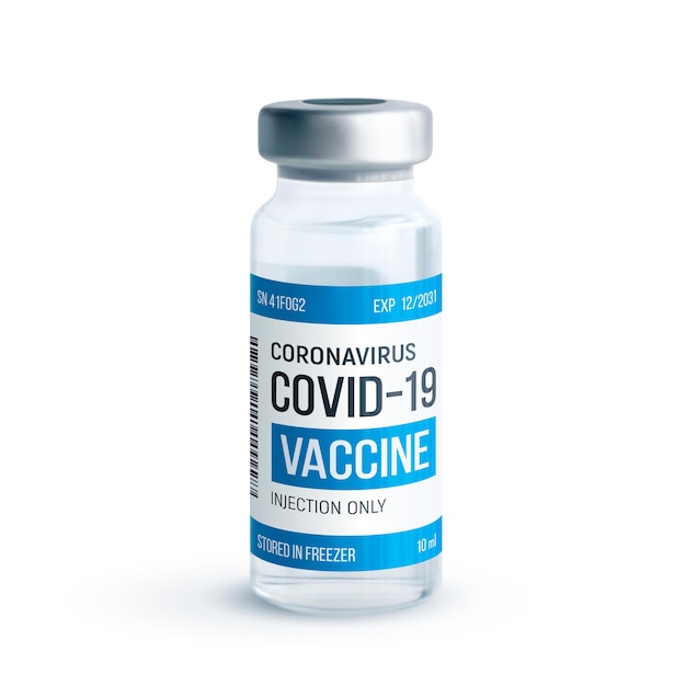 Concepto de vacuna de coronavirus Covid19 Frasco de vidrio médico realista con tapa de metal aislado