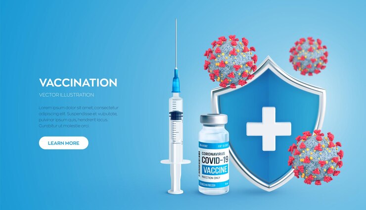 Vector concepto de vacunación. campaña de vacunación. inyección de la vacuna. cuidado y protección de la salud. jeringa con escudo protector de botella de vacuna y células de virus. tratamiento médico. ilustración vectorial realista.