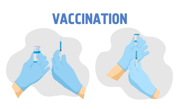 Concepto de vacunación, las manos en guantes médicos extraen la vacuna en una jeringa.