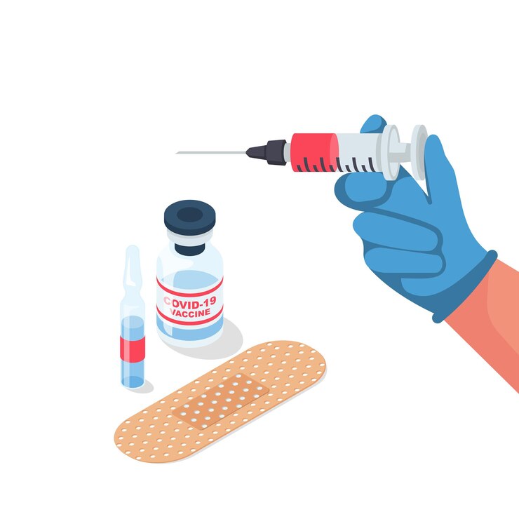 Vector concepto de vacunación. página de inicio de plantilla médica. el médico sostiene una jeringa con la vacuna en la mano. inyección en jeringa. diseño plano vectorial. aislado sobre fondo blanco. ampolla y yeso médico.