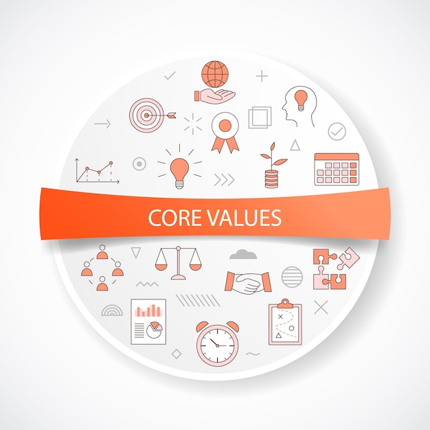Concepto de valores fundamentales con concepto de icono con ilustración de vector de forma redonda o circular