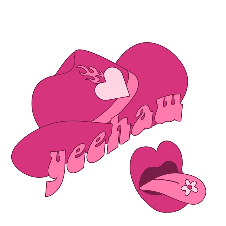 Vector concepto de vaquera rosa con sombrero de vaquero y labios abiertos, diseño vectorial de niña retro maravilloso
