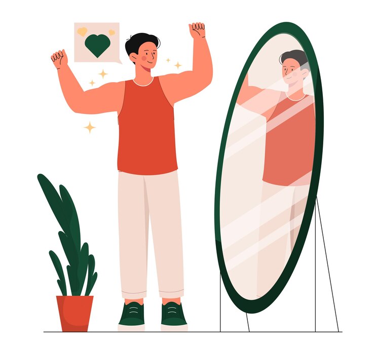 Vector concepto de vector de amor propio y aceptación un joven se para frente al espejo y disfruta de sus reflejos culturista mirando sus músculos salud mental y psicología ilustración plana de dibujos animados