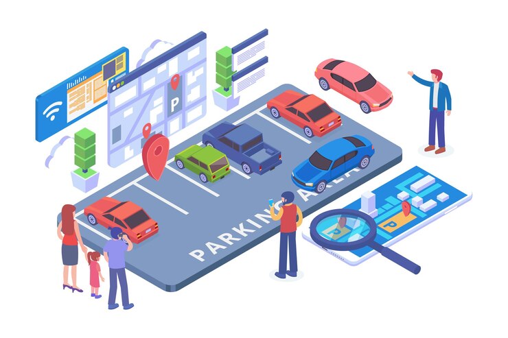 Vector concepto de vector de aplicación de estacionamiento e isométrico