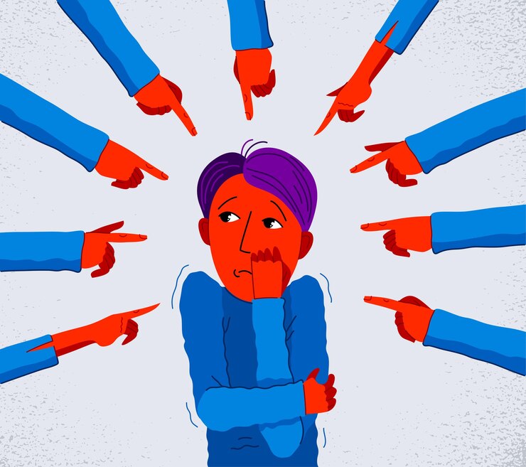 Vector concepto de vector avergonzado y culpable, señalar con el dedo a un joven que se siente incómodo y asustado, problema de discriminación de comportamiento cruel e intolerante en grupos sociales.