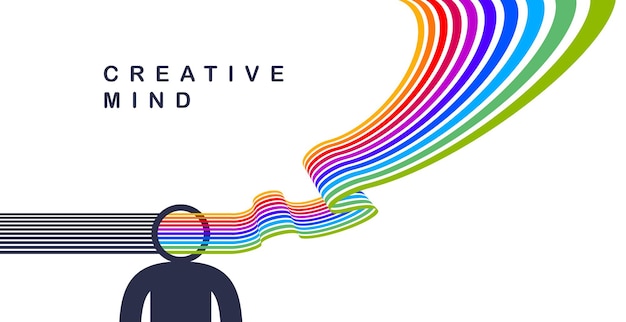 Vector el concepto de vector de cerebro de mente creativa en estilo de diseño plano de moda, las rayas de colores del arco iris salen de la cabeza del hombre simboliza ideas creativas y pensamiento, diseñador de artista o autor de escritor.