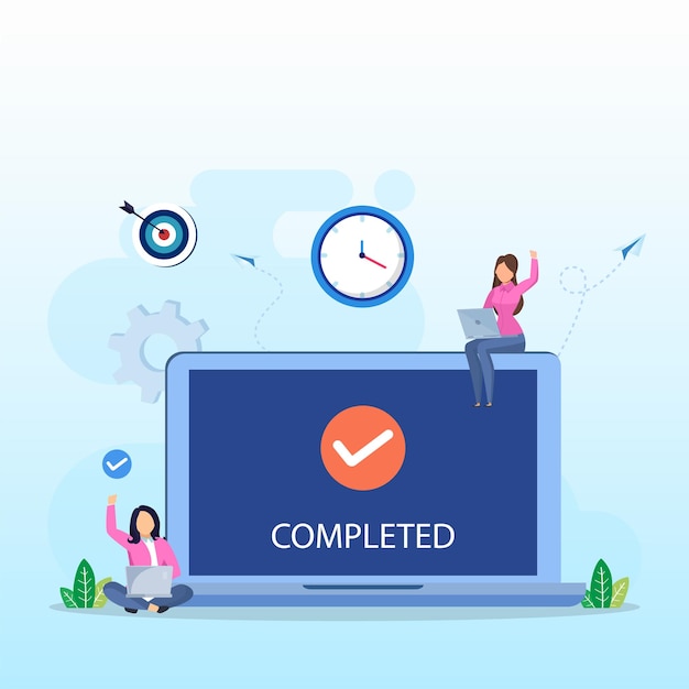 Concepto de vector completo Equipo de negocios animando con marca de verificación de tarea completada