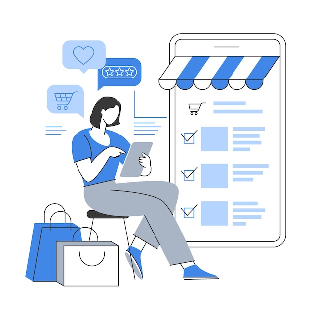 Concepto de vector de compras en línea Sitio web tienda minorista menú de clientes y lista de deseos Diseño plano personaje de dibujos animados simple y fondo