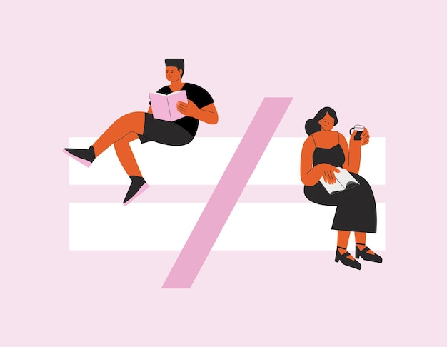 Concepto de vector de desigualdad de género con hombre y mujer sentados en un signo de igualdad tachado Mujer-hombre brecha de género pensamiento de inteligencia mental diversa
