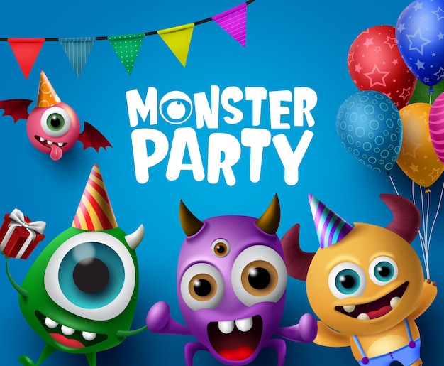 Concepto de vector de diseño de fiesta de monstruos lindos personajes de monstruos aterradores en texto de fiesta de monstruos