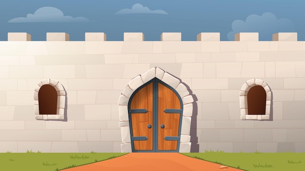 Concepto de vector de entrada de castillo antiguo medieval Edificio real del reino medieval Ciudadela de defensa fuerte para la protección contra ataques enemigos Seguridad para la ciudad Ilustración plana de dibujos animados