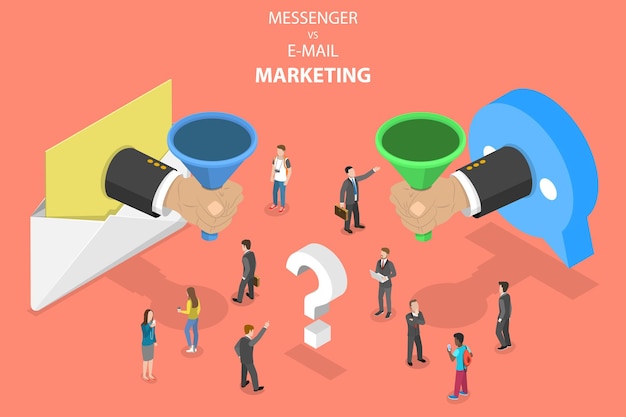 Concepto de vector isométrico de marketing por correo electrónico vs messenger