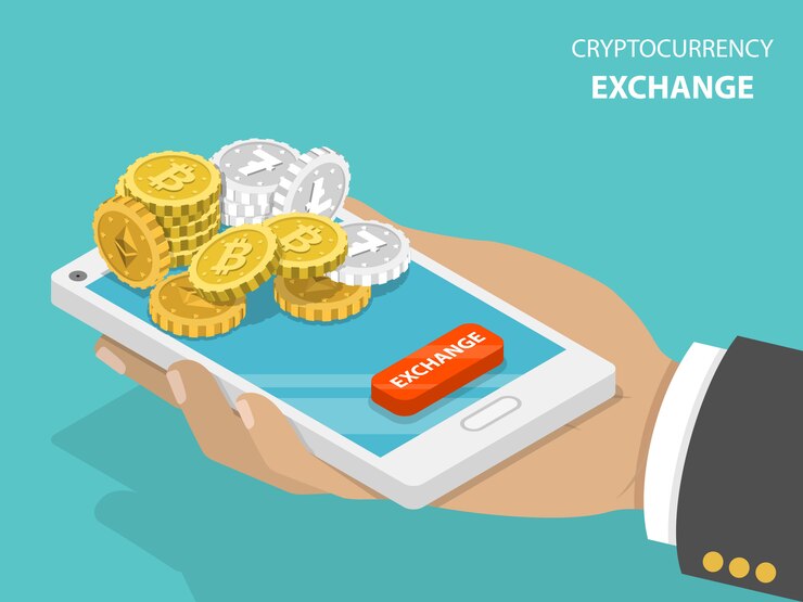 Vector concepto de vector isométrico plano de intercambio de criptomonedas.