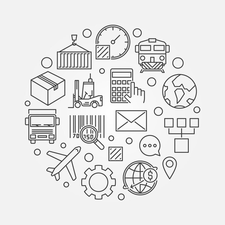 Vector concepto de vector de logística y entrega ilustración redonda en estilo de línea fina