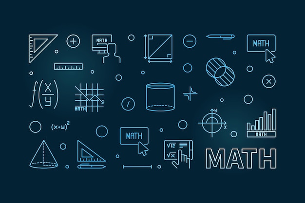Concepto de vector de matemáticas banner azul Matemáticas ilustración moderna horizontal en estilo de esquema