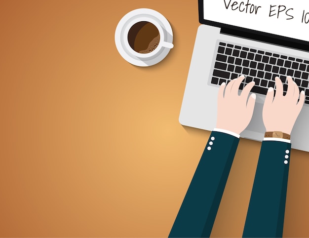 Vector concepto de vector de negocio con computadora portátil y café