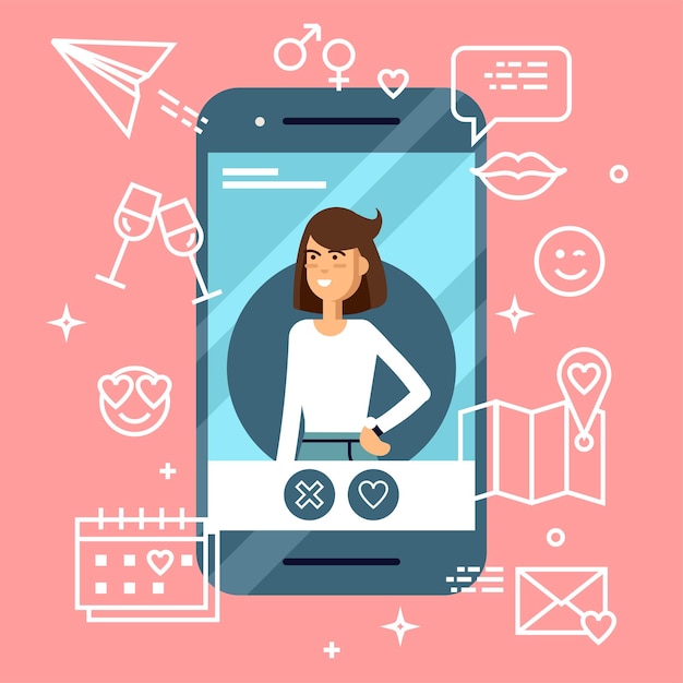 Concepto de vector plano genial en la aplicación en línea Usuario de citas Teléfono con perfil femenino del sitio web de citas en pantalla con varios iconos alrededor