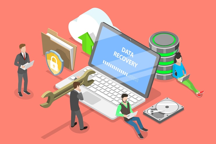 Vector concepto de vector plano isométrico de copia de seguridad de datos de servicios de recuperación de datos