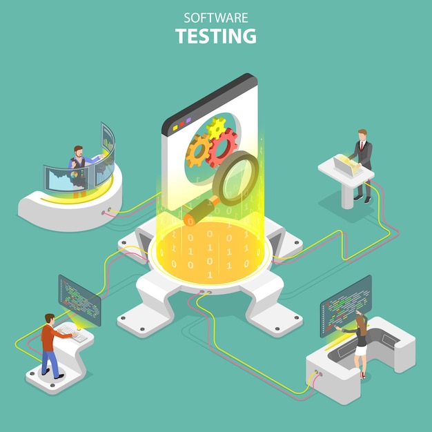 Concepto de vector plano isométrico de garantía de calidad de software Pruebas de productos SQA y programación y codificación de depuración