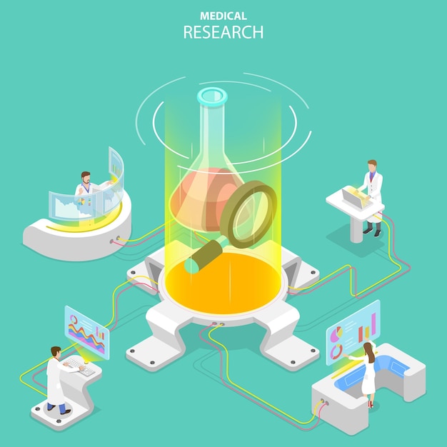 Concepto de vector plano isométrico de investigación médica ciencia tecnología medicina e ingeniería química