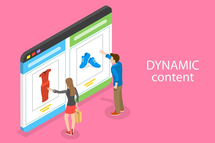 Vector concepto de vector plano isométrico de marketing digital conductual, contenido dinámico o personalizado.