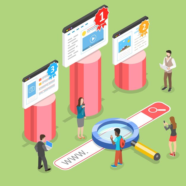 Concepto de vector plano isométrico de motor de búsqueda de análisis web de marketing de optimización de sitios web de ranking seo