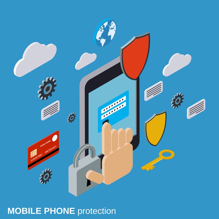 Vector concepto de vector plano isométrico de protección de teléfono móvil