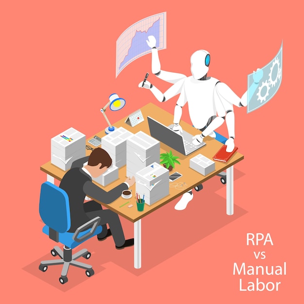 Concepto de vector plano isométrico de RPA versus automatización de procesos robóticos de trabajo manual RPA AI aprendizaje automático de inteligencia artificial