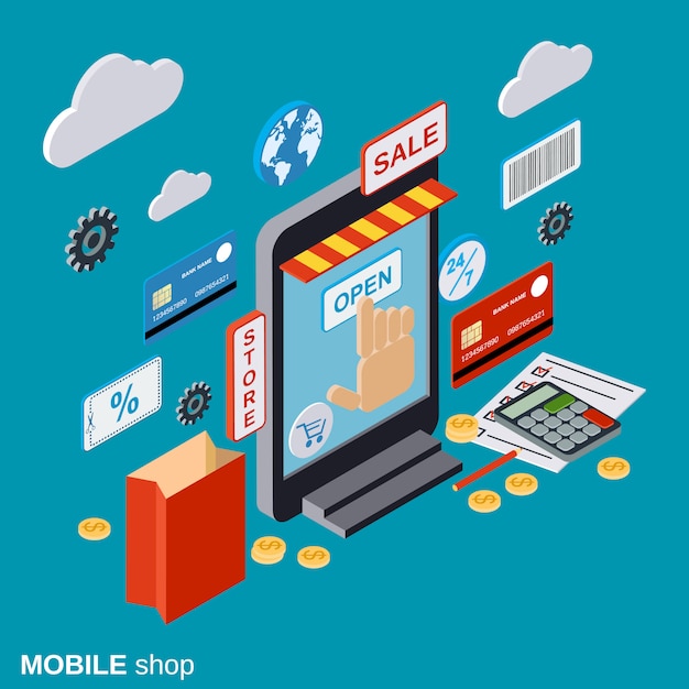 Concepto de vector plano isométrico tienda móvil