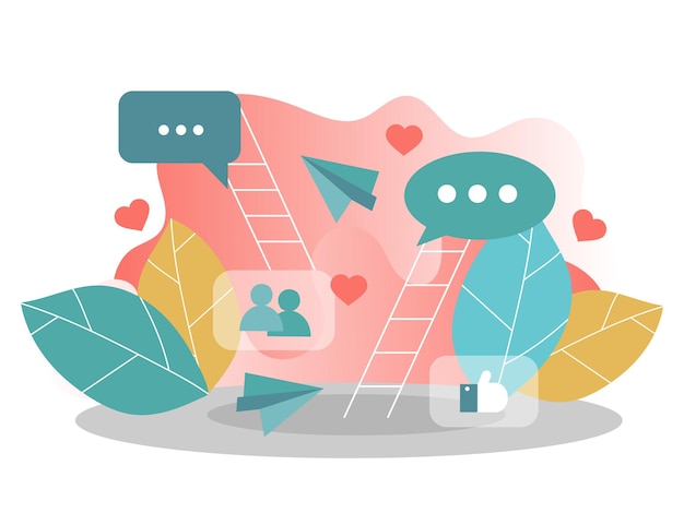 Concepto de vector plano de red social, comunicación digital, chat. Ilustración de vector creativo para banner, cartel, sitio web en colores modernos