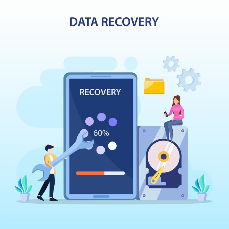 Vector concepto de vector plano de servicios de recuperación de datos copia de seguridad de datos y reparación de hardware de protección