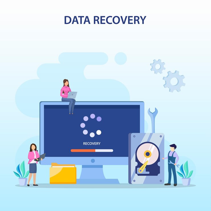 Vector concepto de vector plano de servicios de recuperación de datos copia de seguridad de datos y reparación de hardware de protección