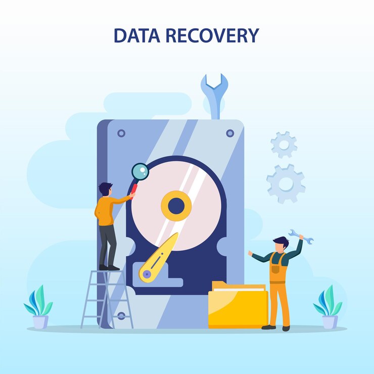 Vector concepto de vector plano de servicios de recuperación de datos copia de seguridad de datos y reparación de hardware de protección