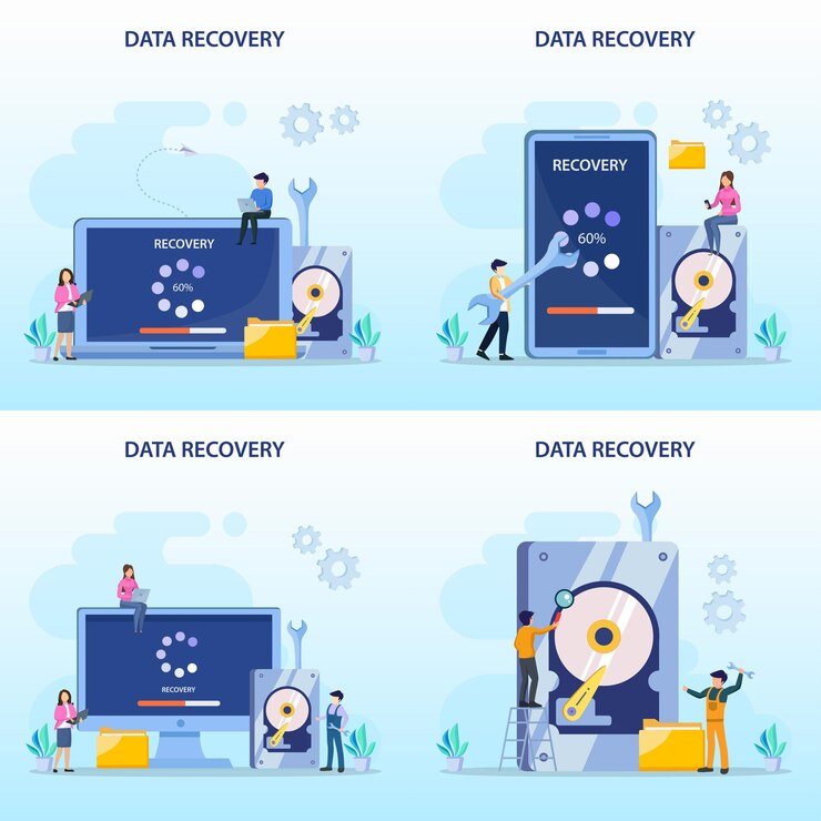 Vector concepto de vector plano de servicios de recuperación de datos copia de seguridad de datos y reparación de hardware de protección