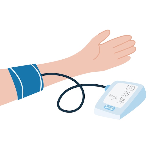 Vector concepto de vector de presión arterial alta medición de la presión arterial tonómetro en una mano de una persona
