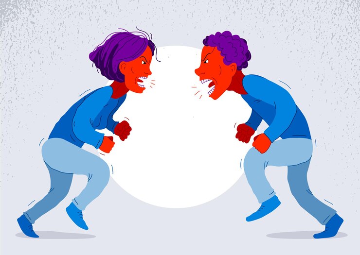Vector concepto de vector de relaciones abusivas, el hombre y la mujer están discutiendo agresivamente con odio, pelea entre marido y mujer, gritos de conflicto y abuso psicológico.