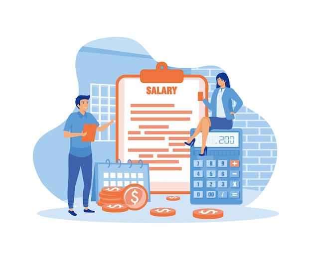 Concepto de vector de salario trabajadora mirando su salario en el teléfono móvil y trabajador masculino de pie con tablón de recortes pila de monedas y calculadora vector plano ilustración moderna