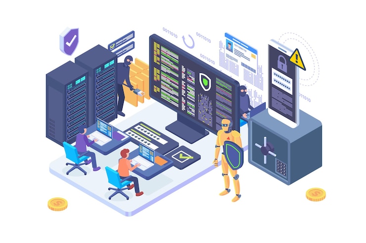 Vector concepto de vector de seguridad de piratería cibernética isométrica