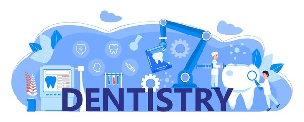 Concepto de vector de servicio de dentista para la página de inicio pequeños dentistas hacen una radiografía de los dientes para ayudar al dolor de muelas a blanquear el esmalte o el implante de recuperación