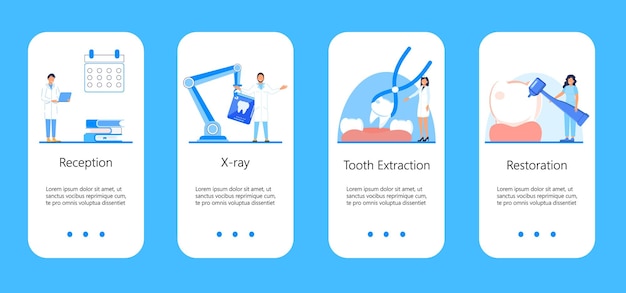 Concepto de vector de servicios dentales para historias sociales de aplicaciones Pequeños dentistas hacen una radiografía de los dientes Blanquean el esmalte o el concepto de implante de recuperación