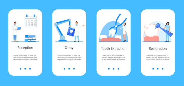 Vector concepto de vector de servicios dentales para historias sociales de aplicaciones pequeños dentistas hacen una radiografía de los dientes blanquean el esmalte o el concepto de implante de recuperación