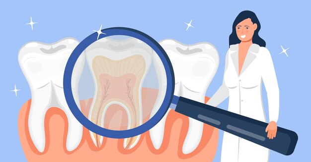 Concepto de vector de servicios dentales El médico toma una lupa El dentista hace un escaneo de los dientes para ayudar al dolor de muelas