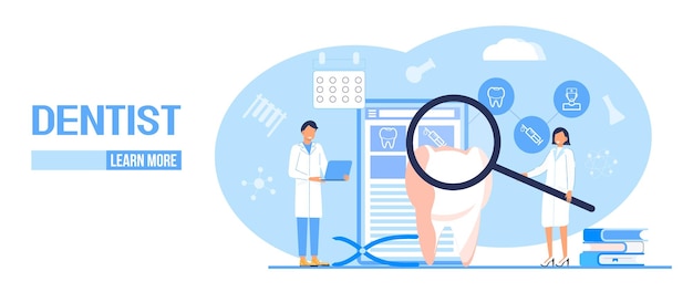 Concepto de vector de servicios dentales para la página de inicio Los dentistas hacen una radiografía de los dientes para ayudar al dolor de muelas a blanquear el esmalte o el implante de recuperación