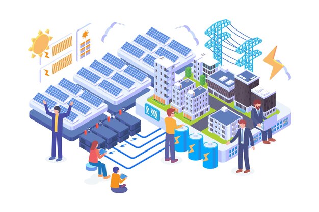 Concepto de vector de tecnología de ciudades de energía solar isométrica