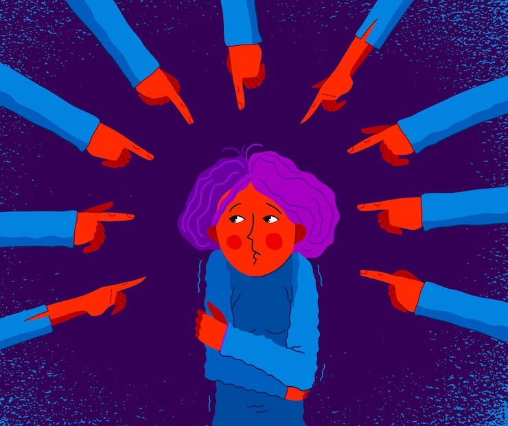 Vector concepto de vector de vergüenza y culpa mano que señala con el dedo a una joven mujer que se siente incómoda y asustada problema de discriminación de comportamiento cruel e intolerante en grupos sociales