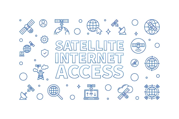 Concepto vectorial de acceso a internet por satélite línea delgada bandera horizontal azul - ilustración lineal de la tecnología de redes de comunicación