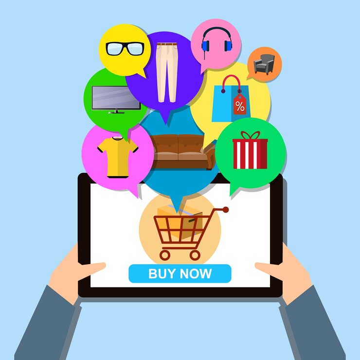 Vector concepto vectorial de la aplicación shoppinghand sostiene la tableta con la opción de compra tienda en línea en el teléfono inteligente eps